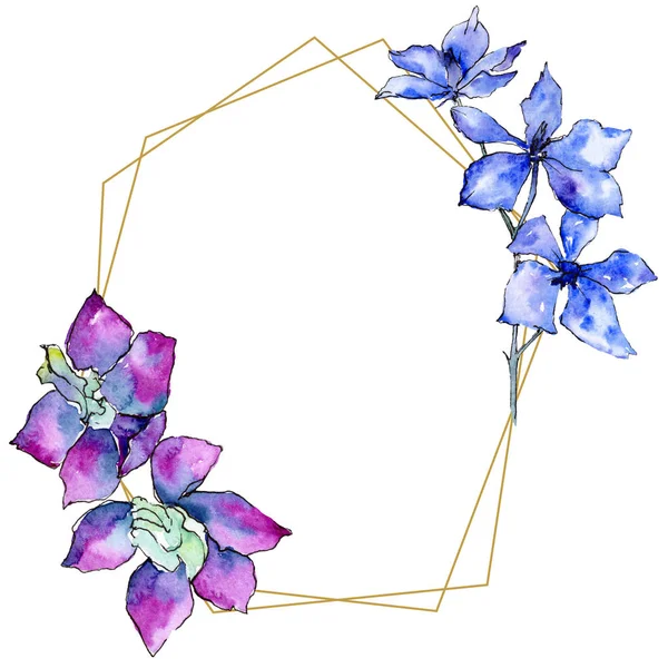 Πορφυρό Ορχιδέα Λουλούδια Ακουαρέλα Φόντο Εικόνα Χρυσή Κορνίζα Πολυγωνικό Λουλούδια — Φωτογραφία Αρχείου