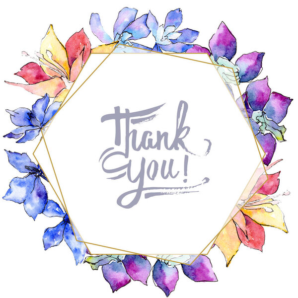 Purple, yellow and white orchid flowers. Thank you handwriting monogram calligraphy. Watercolor background. Golden polygonal frame. Geometric polyhedron crystal shape.