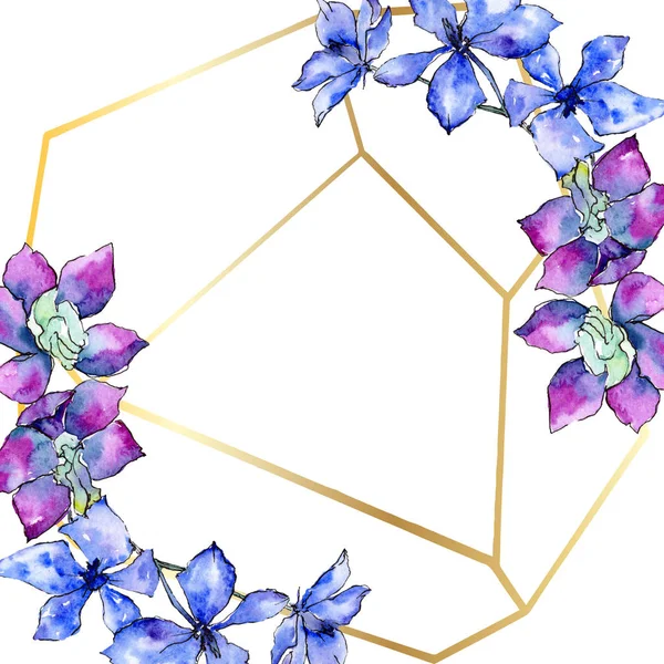 Lila Orkidé Blommor Akvarell Bakgrund Illustration Gyllene Polygonal Ram Med — Stockfoto