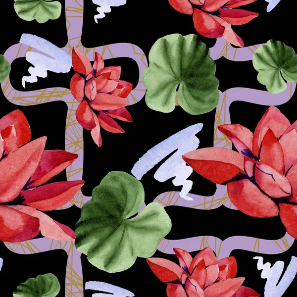 Red Lotus Flowers Watercolor Background Illustration Seamless Background Pattern Fabric — Free Stock Photo