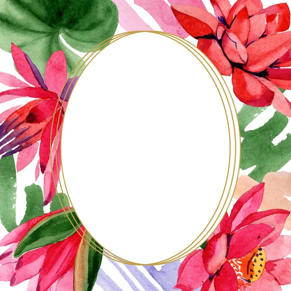 Red Lotus Flowers Watercolor Background Illustration Frame Border Golden Hand — Stock Photo, Image