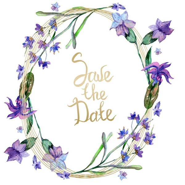 Purple Lavender Flowers Date Handwriting Monogram Calligraphy Wild Spring Leaves — Stock Photo, Image