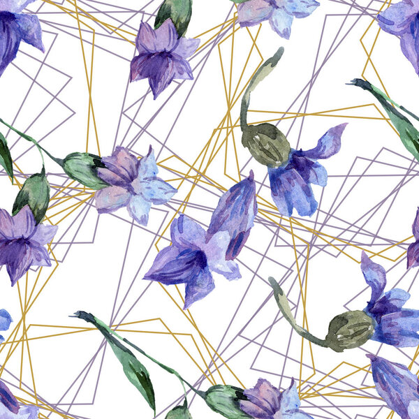 Purple lavender flowers. Watercolor seamless background pattern. Fabric wallpaper print texture. Gold crystal polyhedron mosaic shapes.