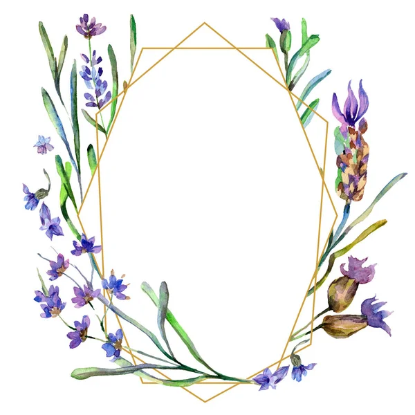 Fiori Viola Lavanda Illustrazione Acquerello Sfondo Inquadrare Ornamento Bordo Pietra — Foto Stock