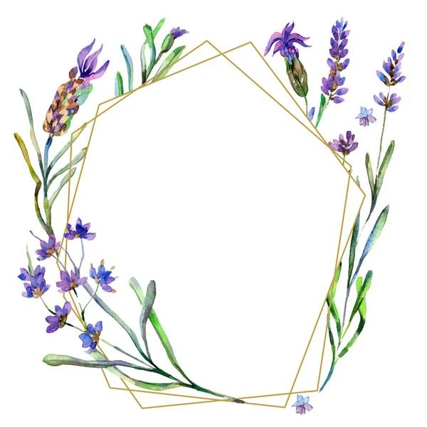 Flores Lavanda Púrpura Ilustración Fondo Acuarela Marco Ornamento Frontera Piedra — Foto de Stock