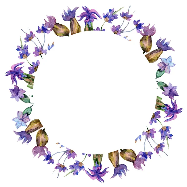 紫のラベンダーの花 春の野の花 水彩画背景イラスト リース フレームの枠線 — ストック写真