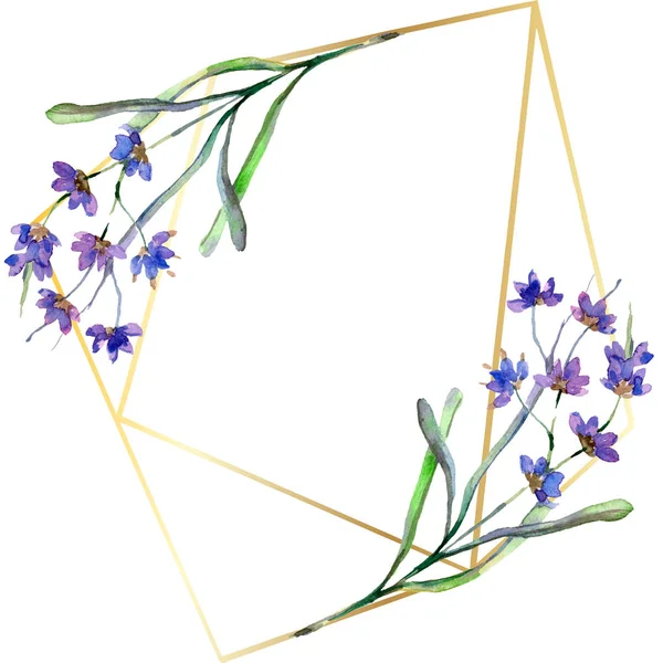 Violette Lavendelblüten Aquarell Hintergrundillustration Rahmen Bordüre Ornament Gold Kristall Stein — Stockfoto
