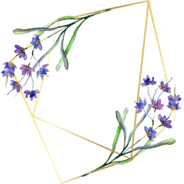 Purple lavender flowers. Watercolor background illustration. Frame border ornament. Gold crystal stone polyhedron mosaic shape amethyst gem.