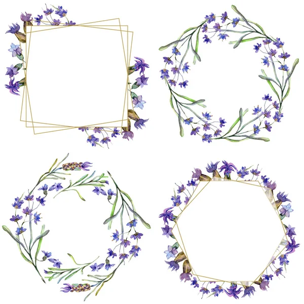 Purple lavender flowers. Wild spring leaves. Watercolor backgrounds set. Square, round, wreath and golden crystal frames set. 