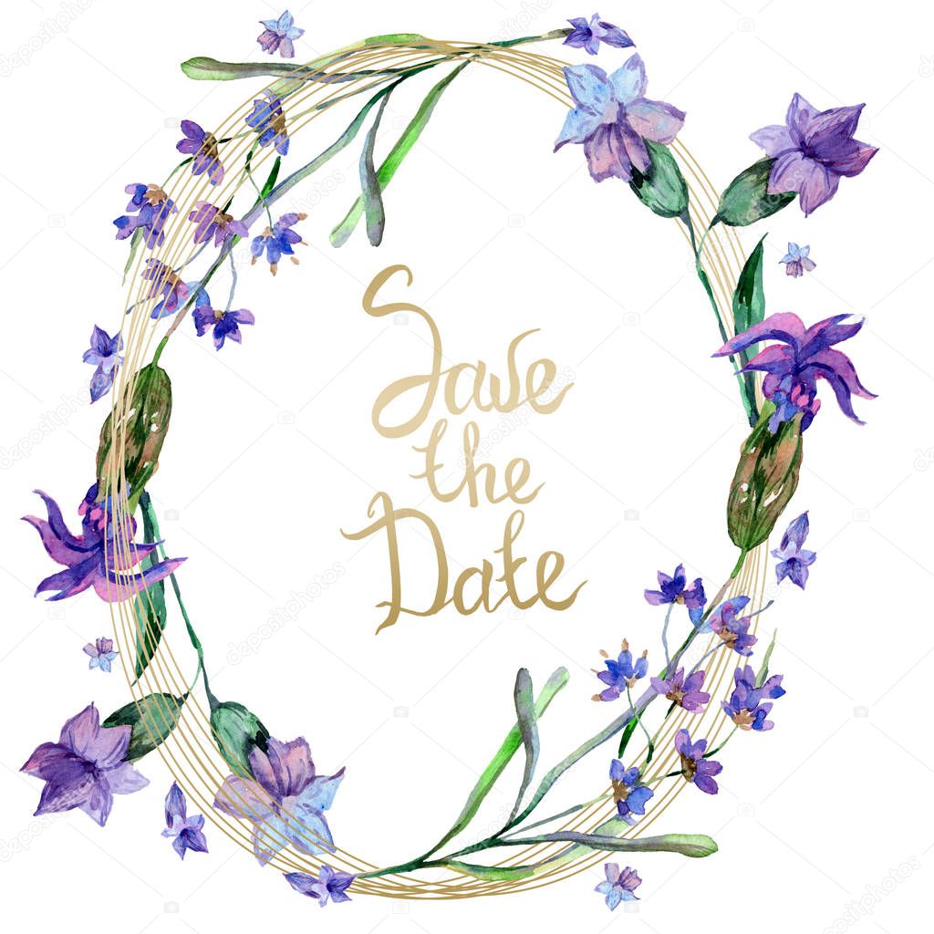 Purple lavender flowers. Save the date handwriting monogram calligraphy. Wild spring leaves. Watercolor background illustration. Round frame border. 