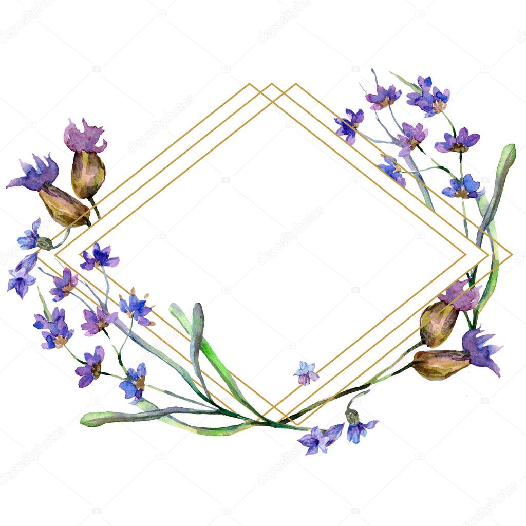 Purple lavender flowers. Watercolor background illustration. Rhombus frame. Gold crystal stone polyhedron mosaic shape amethyst gem.