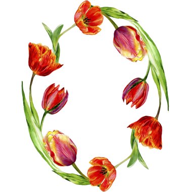 Amazing red tulip flowers with green leaves. Hand drawn botanical flowers. Watercolor background illustration. Frame round border ornament. Geometric quartz polygon crystal stone. clipart