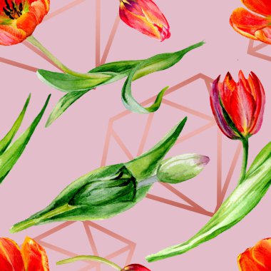 Amazing red tulip flowers with green leaves. Hand drawn botanical flowers. Watercolor background illustration. Seamless pattern. Fabric wallpaper print texture. clipart