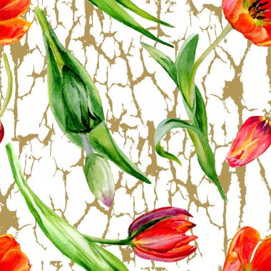 Şaşırtıcı kırmızı lale çiçek yeşil yaprakları ile. El botanik çiçek çekilmiş. Suluboya arka plan illüstrasyon. Seamless modeli. Kumaş duvar kağıdı yazdırma doku.