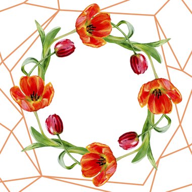 Amazing red tulip flowers with green leaves. Hand drawn botanical flowers. Watercolor background illustration. Frame border ornament wreath. Geometric quartz polygon crystal stone. clipart