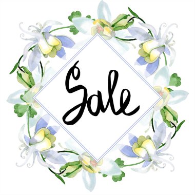 Aquilegia çiçekler beyaz. Satılık el yazısı monogram hat. Kare kare. Suluboya arka plan illüstrasyon. Güzel aquilegia çiçek Aquarelle tarzı çizim.