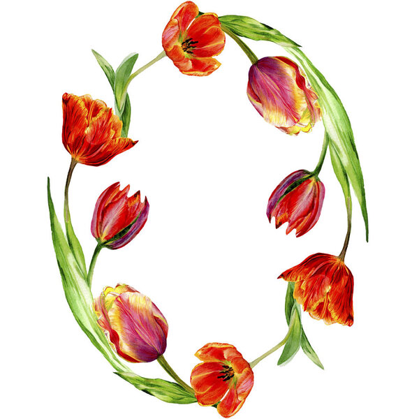 Удивительные красные цветы тюльпана с зелеными листьями. Ручной рисунок ботанических цветов. Акварельная фоновая иллюстрация. Рамка вокруг границы орнамент. Геометрический кварцевый кристалл
.