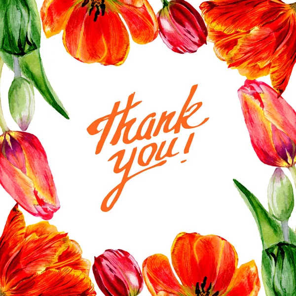 Niesamowite Kwiaty Czerwony Tulipan Zielonych Liści Dziękuję Pisma Monogram Kaligrafii — Zdjęcie stockowe