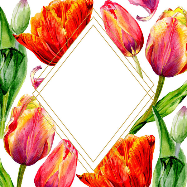 Amazing red tulip flowers with green leaves. Hand drawn botanical flowers. Watercolor background illustration. Frame border ornament crystal. Geometric quartz polygon crystal stone.