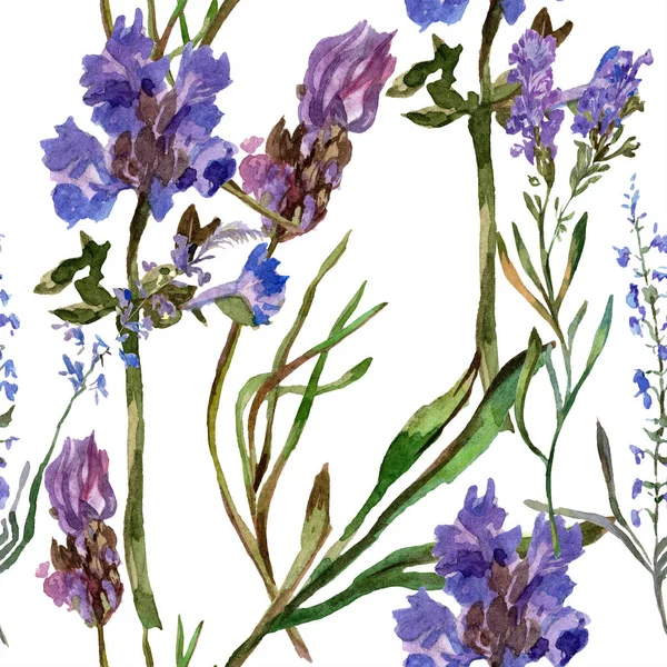 Purple lavender flowers. Seamless background pattern. Fabric wallpaper print texture. Hand drawn watercolor background illustration.