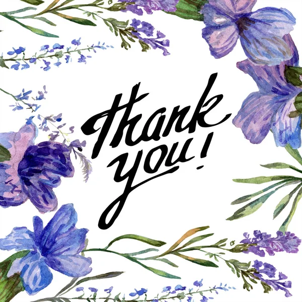 Violette Lavendelblüten Danke Für Die Handschriftliche Monogramm Kalligraphie Schöne Frühlingswildblumen — Stockfoto