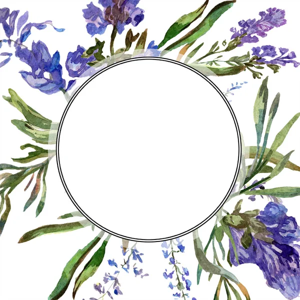 Purple lavender flowers. Wild spring flowers with green leaves. Watercolor background illustration. Round frame border.