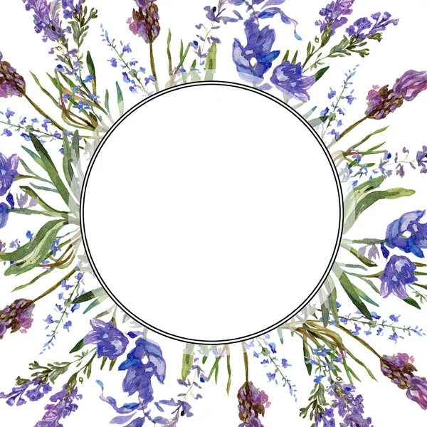 紫のラベンダーの花 緑の葉と野生の春の花 水彩画背景イラスト ラウンド フレームの枠線  — 無料ストックフォト