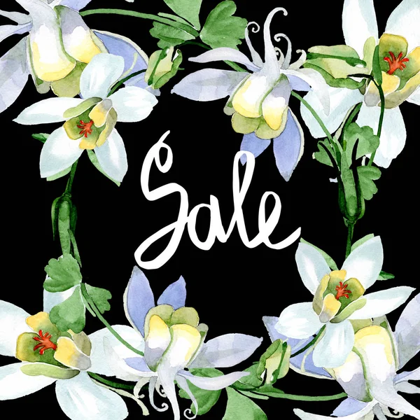 White Aquilegia Flowers Sale Handwriting Monogram Calligraphy Watercolor Background Illustration — Stock Photo, Image