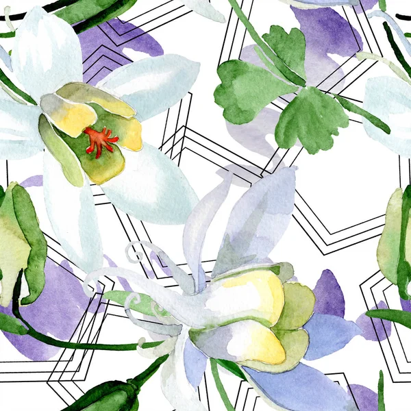 White Aquilegia Flowers Beautiful Spring Wildflowers Seamless Background Pattern Fabric — Stock Photo, Image