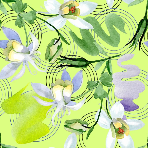 White Aquilegia Flowers Beautiful Spring Wildflowers Seamless Background Pattern Fabric — Stock Photo, Image