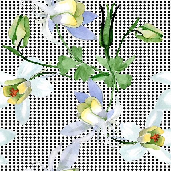 オダマキの花は白い 美しい春の野草 シームレスな背景パターン 壁紙印刷手触りの生地 水彩画背景イラスト — ストック写真
