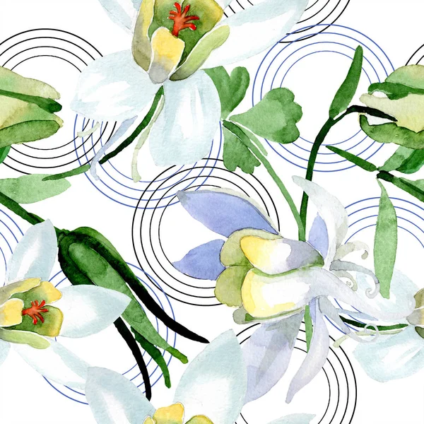 White Aquilegia Flowers Beautiful Spring Wildflowers Seamless Background Pattern Fabric — Stock Photo, Image
