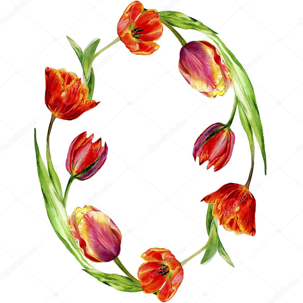 Amazing red tulip flowers with green leaves. Hand drawn botanical flowers. Watercolor background illustration. Frame round border ornament. Geometric quartz polygon crystal stone.