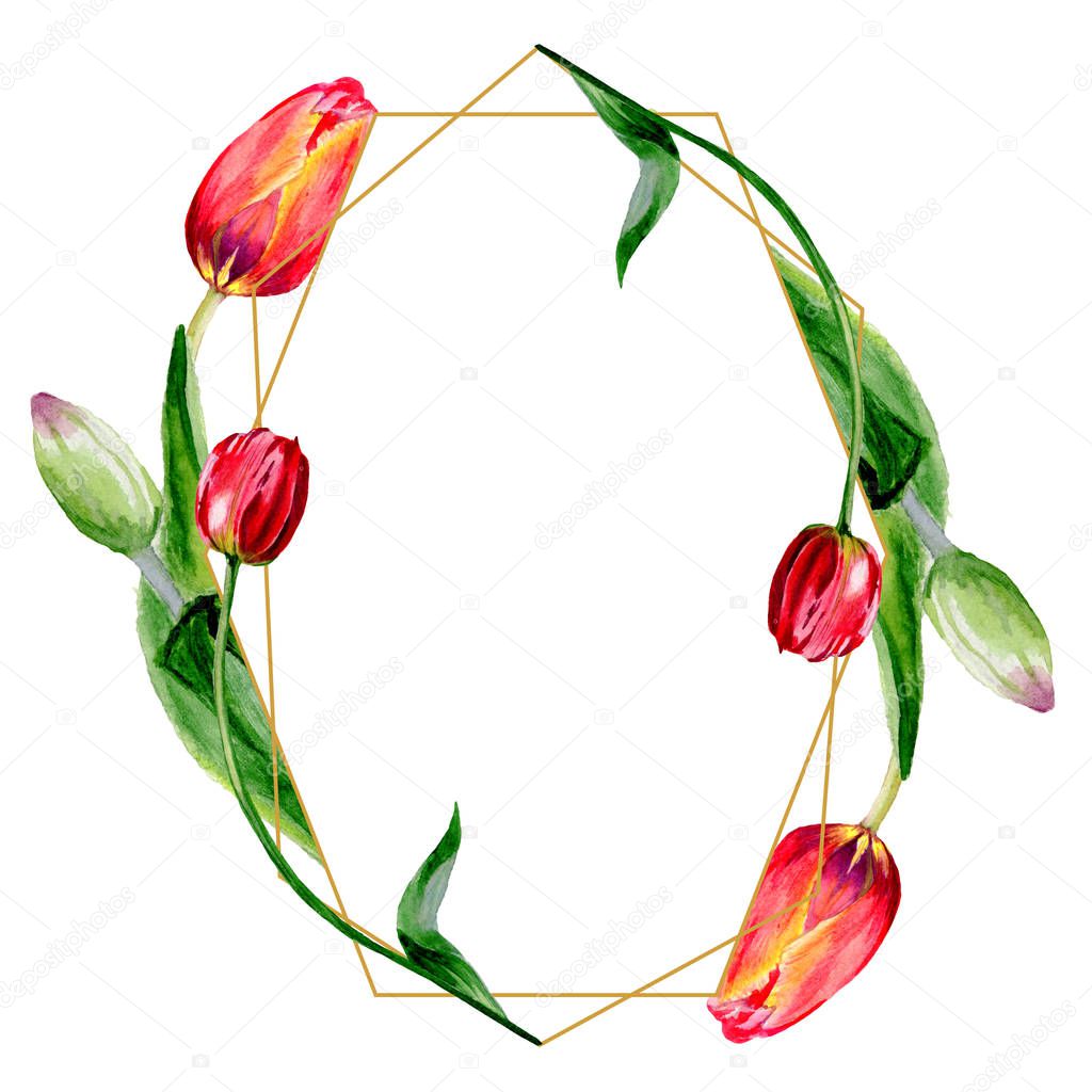 Amazing red tulip flowers with green leaves. Hand drawn botanical flowers. Watercolor background illustration. Frame border ornament crystal. Geometric quartz polygon crystal stone.