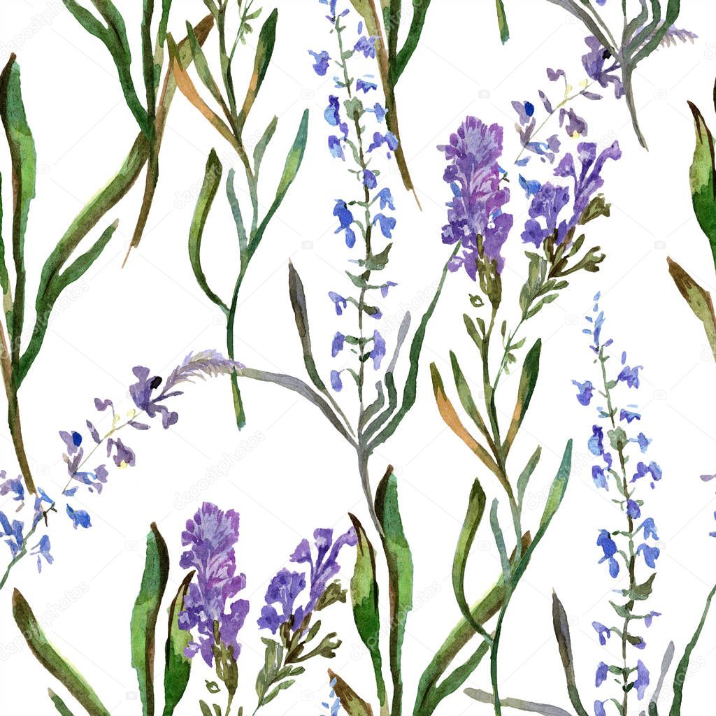 Purple lavender flowers. Seamless background pattern. Fabric wallpaper print texture. Hand drawn watercolor background illustration.