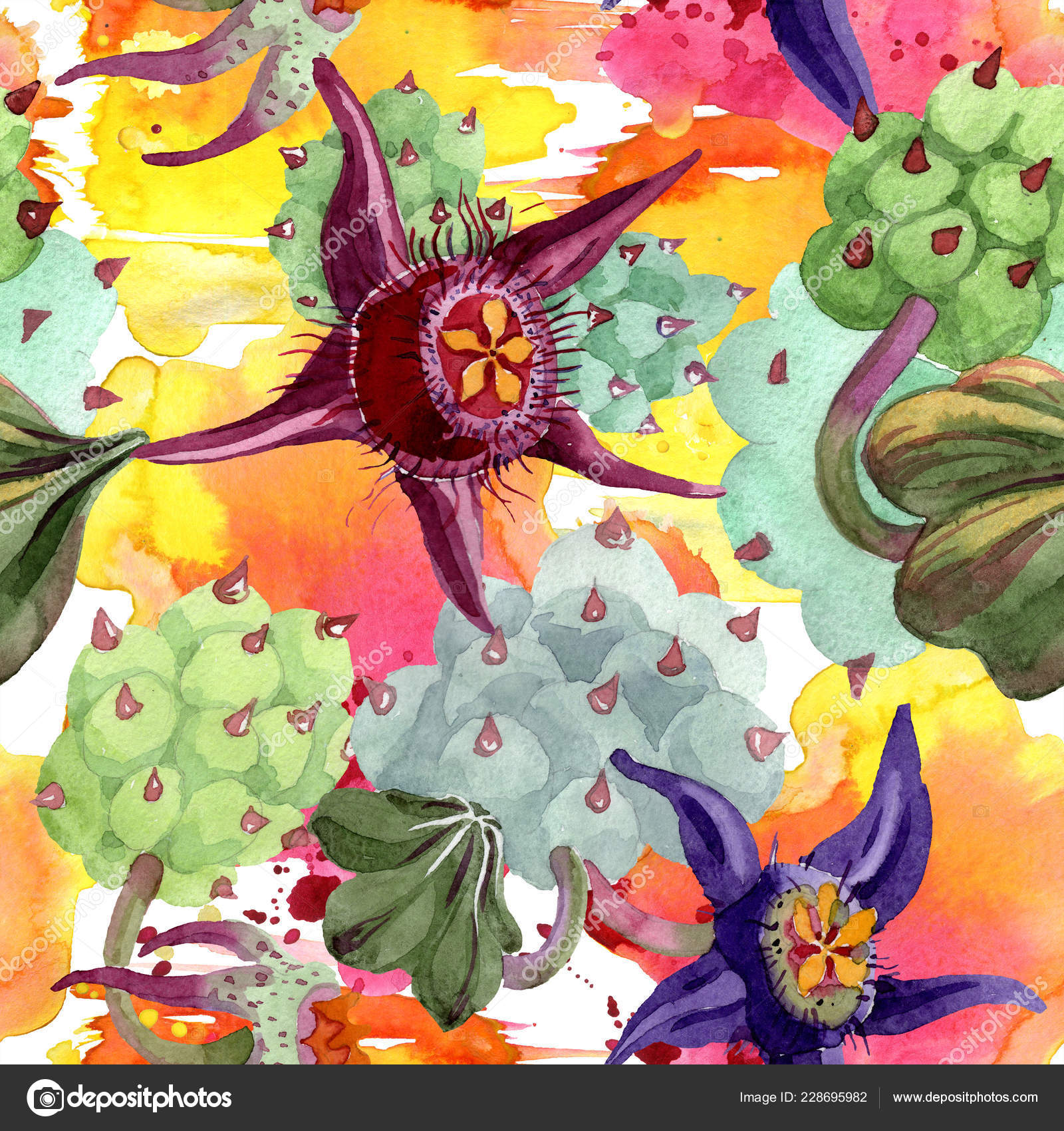 杜瓦利亚花水彩背景插图水瓶座手绘多汁植物无缝的背景模式织物壁纸打印纹理 图库照片 C Andreyanush