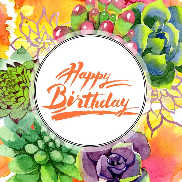 Increíbles Suculentas Feliz Cumpleaños Caligrafía Monograma Caligrafía Ilustración Fondo Acuarela — Foto de stock gratis