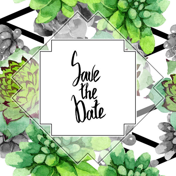 Amazing succulents. Save the Date handwriting monogram calligraphy. Watercolor background illustration. Geometric frame square. Aquarelle hand drawing succulent plants.