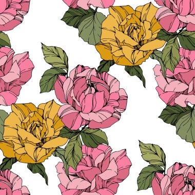 Güzel vektör gül. Vahşi Bahar bırakır. Pembe ve sarı mürekkep sanat kazınmış. Sorunsuz arka plan deseni. Kumaş duvar kağıdı yazdırma doku.