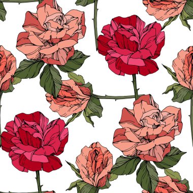 Beautiful vector roses. Wild spring leaves. Coral and red engraved ink art. Seamless background pattern. Fabric wallpaper print texture. clipart