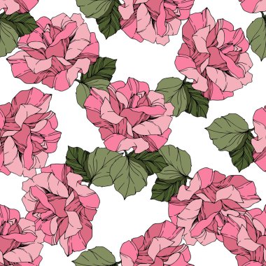 Güzel vektör gül. Vahşi Bahar bırakır. Pembe oyulmuş mürekkep sanat. Sorunsuz arka plan deseni. Kumaş duvar kağıdı yazdırma doku.