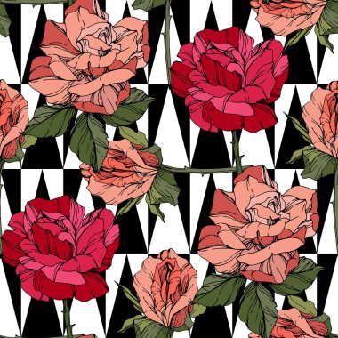 Beautiful vector roses. Floral botanical flowers. Wild spring leaves. Coral and red engraved ink art. Seamless background pattern. Fabric wallpaper print texture. clipart