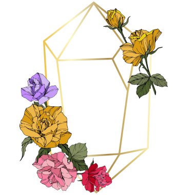 Vektör gül. Botanik çiçek çiçekler. Kırmızı, pembe ve sarı oyulmuş mürekkep sanat. Çerçeve altın kristal. Geometrik çokgen kristal şekli.