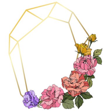 Vektör gül. Botanik çiçek çiçekler. Mercan, pembe ve sarı oyulmuş mürekkep sanat. Çerçeve altın kristal. Geometrik çokgen kristal şekli.