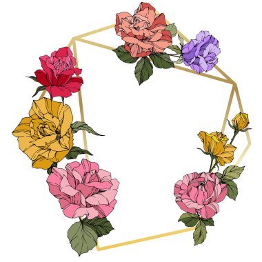 Vektör gül. Botanik çiçek çiçekler. Kırmızı, pembe ve sarı oyulmuş mürekkep sanat. Çerçeve altın kristal. Geometrik çokgen kristal şekli.