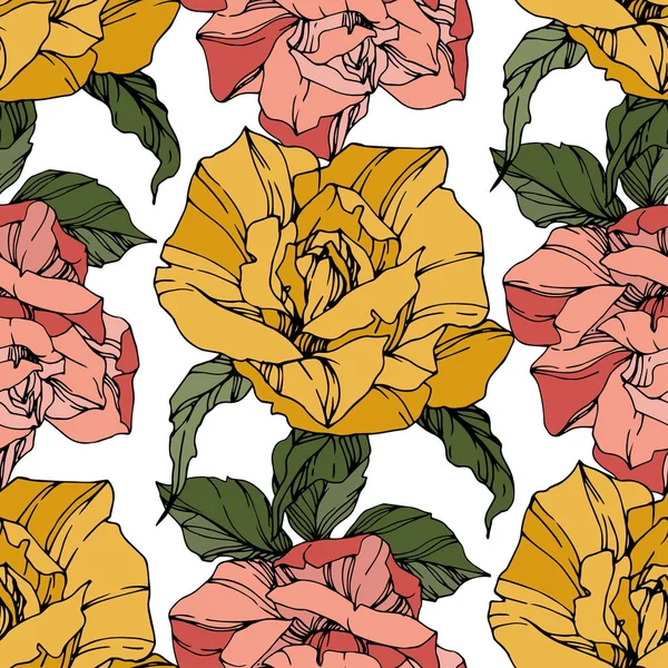 Hermosas Rosas Vectoriales Hojas Salvajes Primavera Coral Tinta Amarilla Grabada — Vector de stock