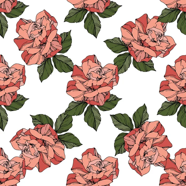 Belles Roses Vectorielles Feuilles Sauvages Printemps Couleur Corail Gravé Encre — Image vectorielle