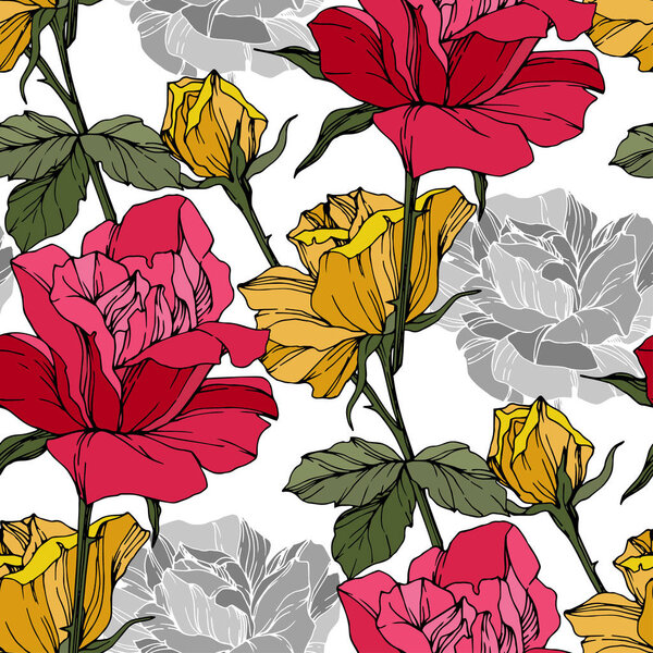 Beautiful vector roses. Wild spring leaves. Red and yellow engraved ink art. Seamless background pattern. Fabric wallpaper print texture.