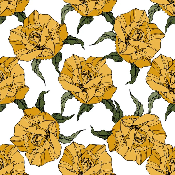 Güzel vektör gül. Vahşi Bahar bırakır. Sarı renk mürekkep sanat kazınmış. Sorunsuz arka plan deseni. Kumaş duvar kağıdı yazdırma doku.