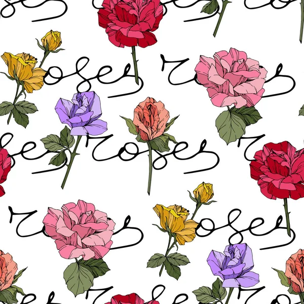 Belles Roses Vectorielles Fleurs Botaniques Florales Feuilles Sauvages Printemps Encre — Image vectorielle